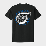 Black t-shirt with a turbocharger graphic on the back against a white background