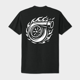 Black t-shirt with a white turbocharger graphic on the back