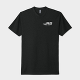 Black t-shirt with a white logo on a light gray background