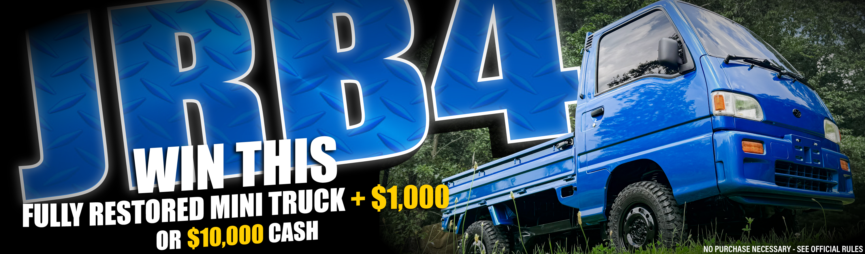 Blue restored mini truck with promotional text for a giveaway.