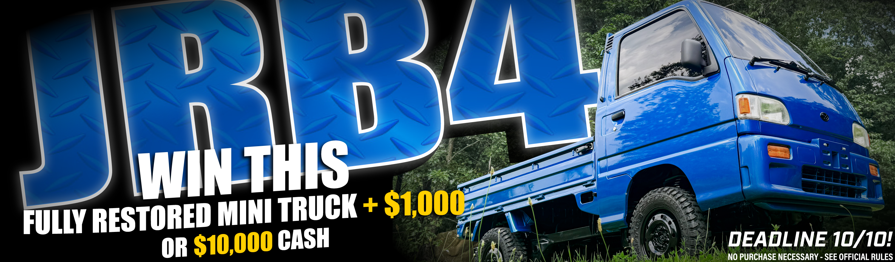 Blue restored mini truck with promotional text for a giveaway