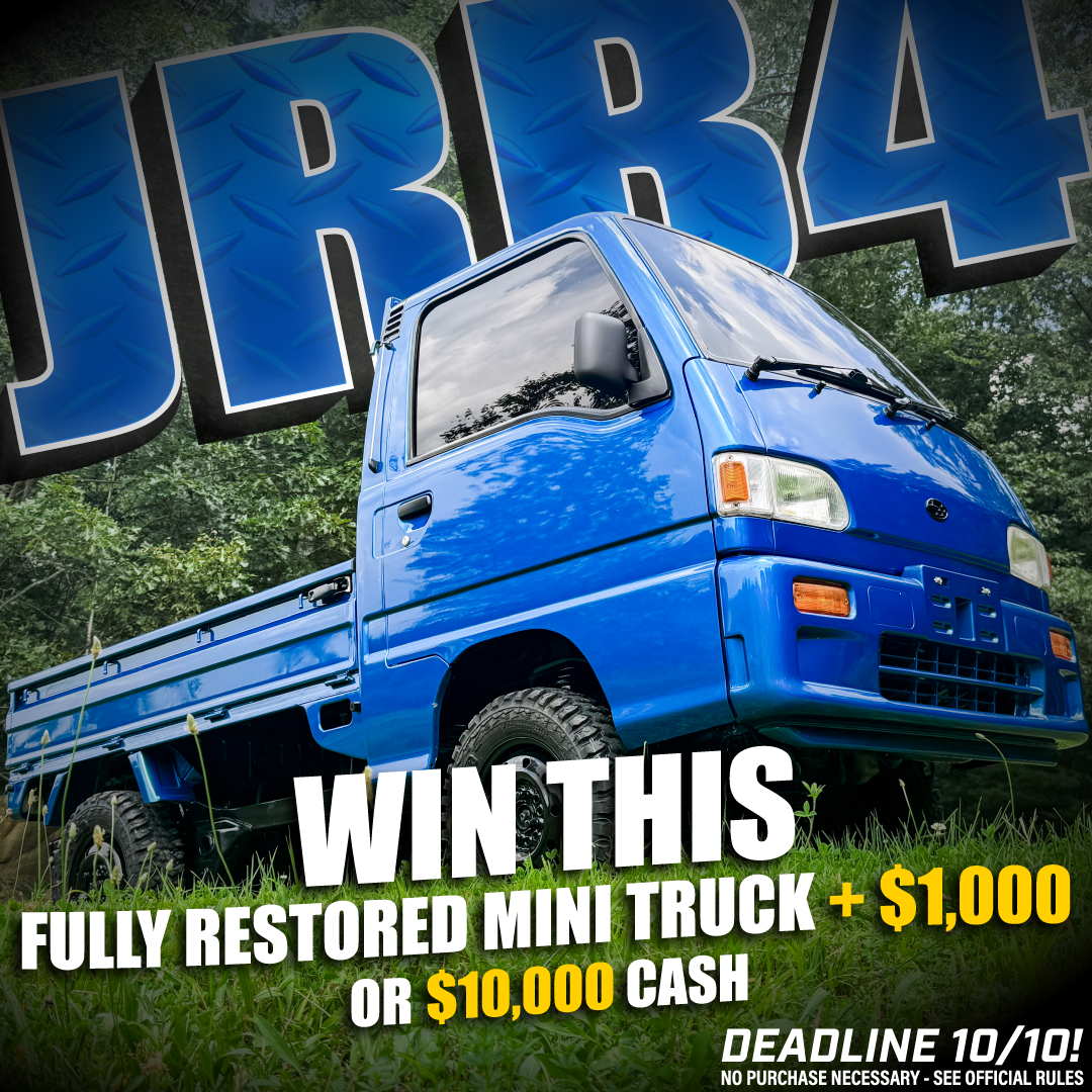 Blue mini truck on grass with promotional text overlay