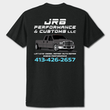 Black t-shirt with 'JRB Performance & Customs LLC' text and truck graphic on a white background
