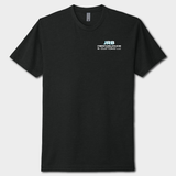 Black t-shirt with white text
