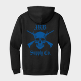 Black hoodie with blue skull and crossbones design on the back against a light gray background