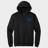 Black hoodie with blue logo