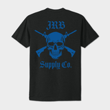 Black t-shirt with blue skull and crossbones design on a white background