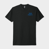 Black t-shirt with blue logo on a white background