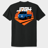 Black t-shirt with a blue truck graphic on an orange background