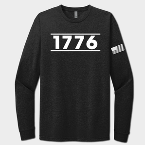 Black long-sleeve shirt with '1776' printed on a white background
