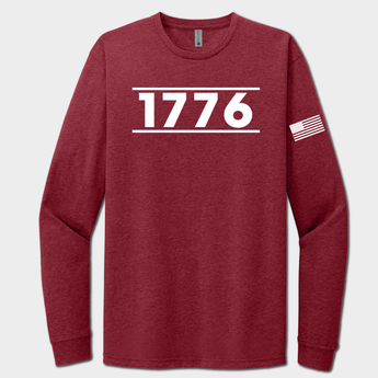 Red long-sleeve shirt with '1776' printed on a white background