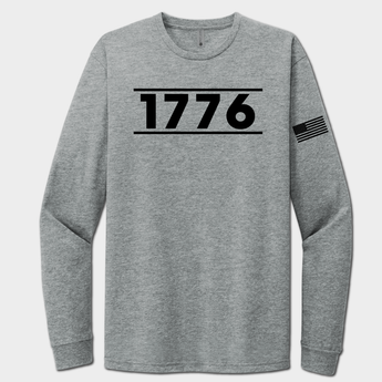 Gray long-sleeve shirt with '1776' printed on a white background