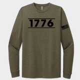 Military green long-sleeve shirt with '1776' printed on a white background