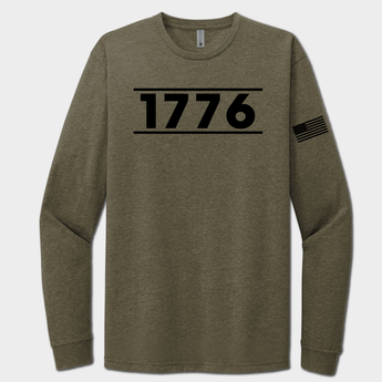 Military green long-sleeve shirt with '1776' printed on a white background
