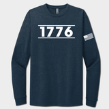 Navy long-sleeve shirt with '1776' printed on it against a light gray background