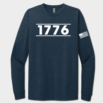 Navy long-sleeve shirt with '1776' printed on it against a light gray background