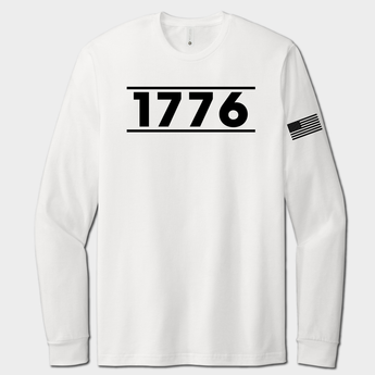 White long-sleeve shirt with '1776' printed on a white background