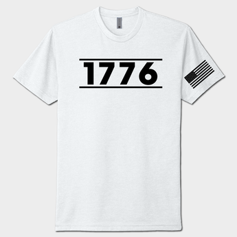 White t-shirt with '1776' printed on a white background