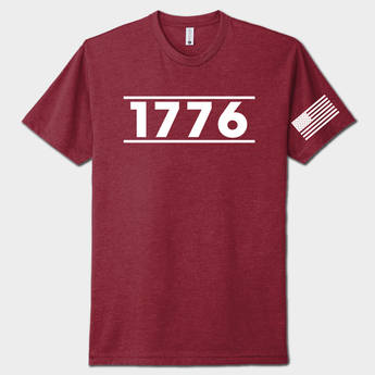red t-shirt with '1776' printed on it and an American flag sleeve patch against a white background