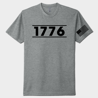 Gray t-shirt with '1776' printed on it and an American flag sleeve design.