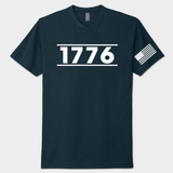 Navy blue t-shirt with '1776' print and American flag sleeve on a white background