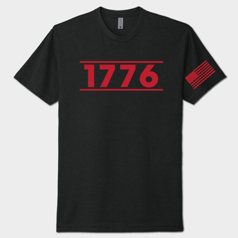 Black t-shirt with red '1776' design on a white background