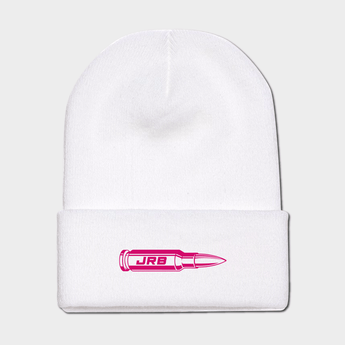 JRB 50 CAL bullet knit beanie white with pink logo