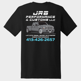Black t-shirt with URB Performance & Customs LLC logo and contact information on a white background