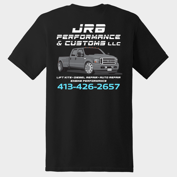 Black t-shirt with URB Performance & Customs LLC logo and contact information on a white background