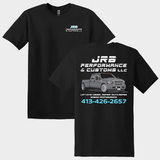 Black t-shirt with JRB Performance & Customs LLC logo and truck graphic on a white background