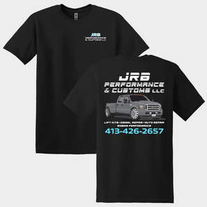 Black t-shirt with JRB Performance & Customs LLC logo and truck graphic on a white background