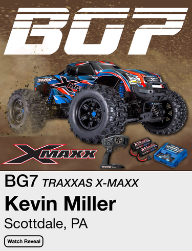 Traxxas X-Maxx remote control car with branding and product details on a brown background