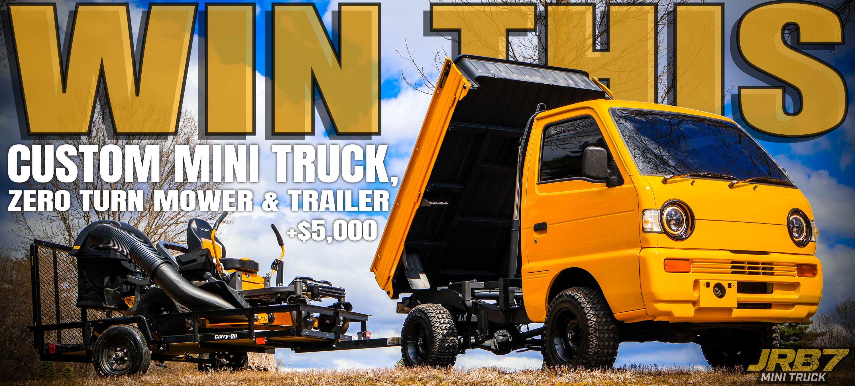 JRB7 promo banner suzuki mini truck, trailer, and zero turn cub cadet mower