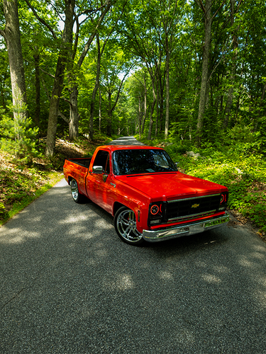 Red C10 pickup on forest road