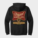 Black hoodie with 'Diesel High Life' graphic on the back