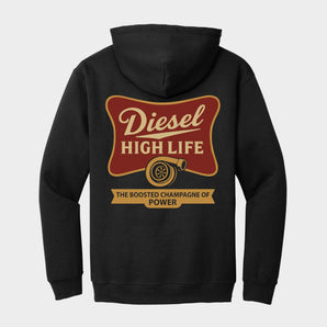 Black hoodie with 'Diesel High Life' graphic on the back