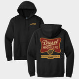 Black hoodie with 'Diesel High Life' graphic on the back, displayed from front and back views.