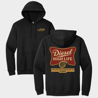 Black hoodie with 'Diesel High Life' graphic on the back, displayed from front and back views.
