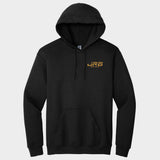 Black hoodie with a logo on the chest
