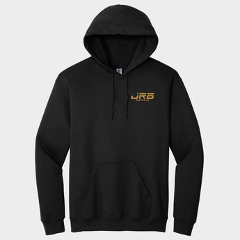 Black hoodie with a logo on the chest