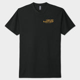 Black t-shirt with a gold logo