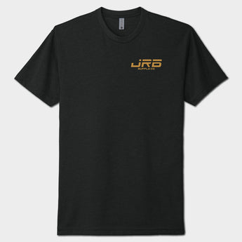 Black t-shirt with a gold logo