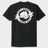 Black t-shirt with white graphic design on the back featuring a fist holding a wrench and text.