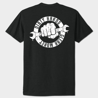 Black t-shirt with white graphic design on the back featuring a fist holding a wrench and text.