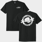 Black t-shirt with white graphic and text on a white background