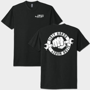 Black t-shirt with white graphic and text on a white background