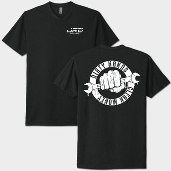 Black t-shirt with white graphic and text on a white background