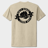 cream t-shirt with black graphic design on the back