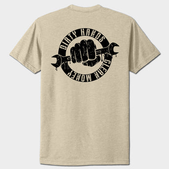 cream t-shirt with black graphic design on the back