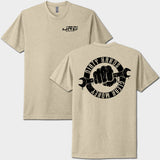 cream t-shirt with black graphic and text